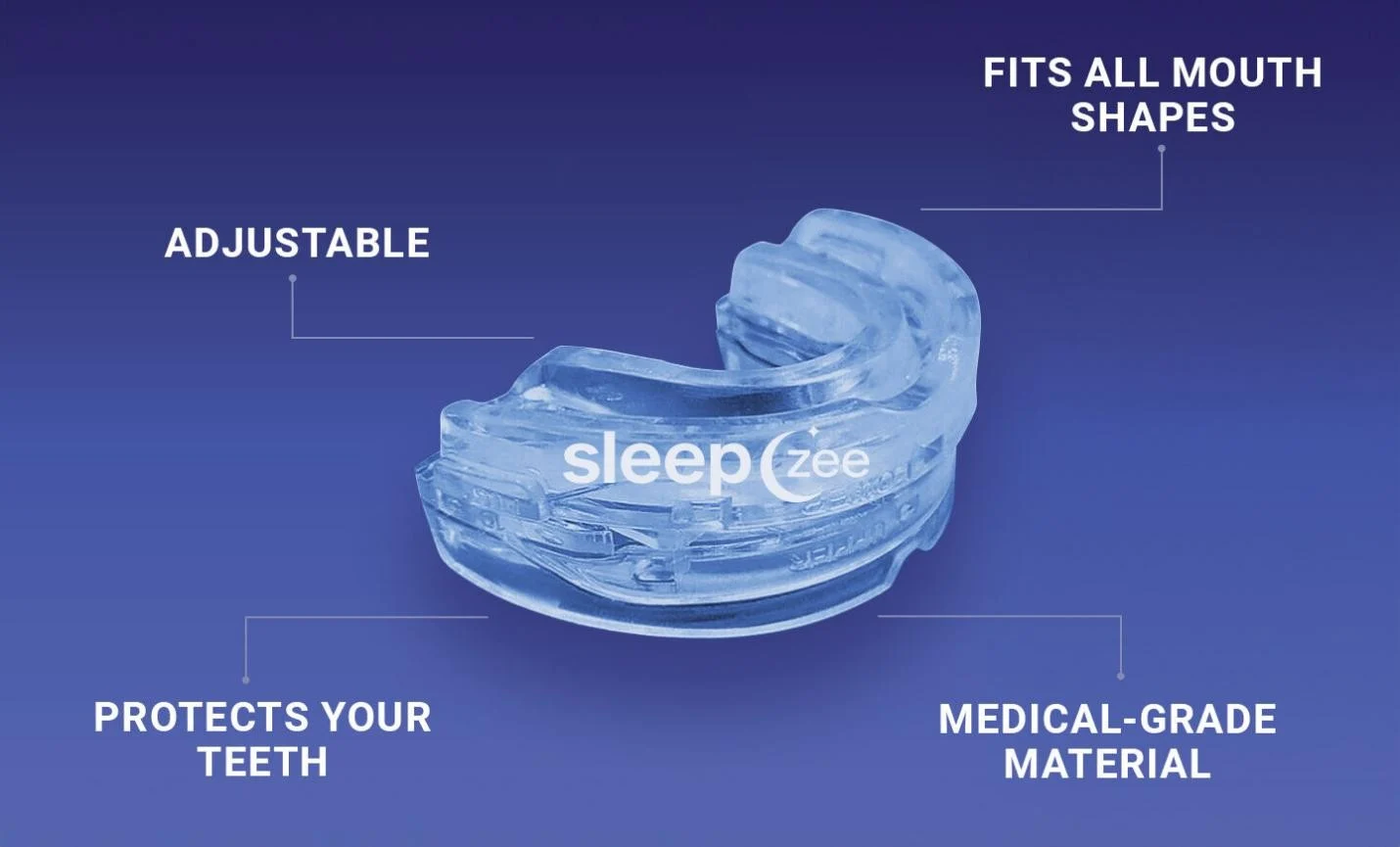 SleepZee mouthpiece with labels showing its adjustable fit and medical-grade material claim