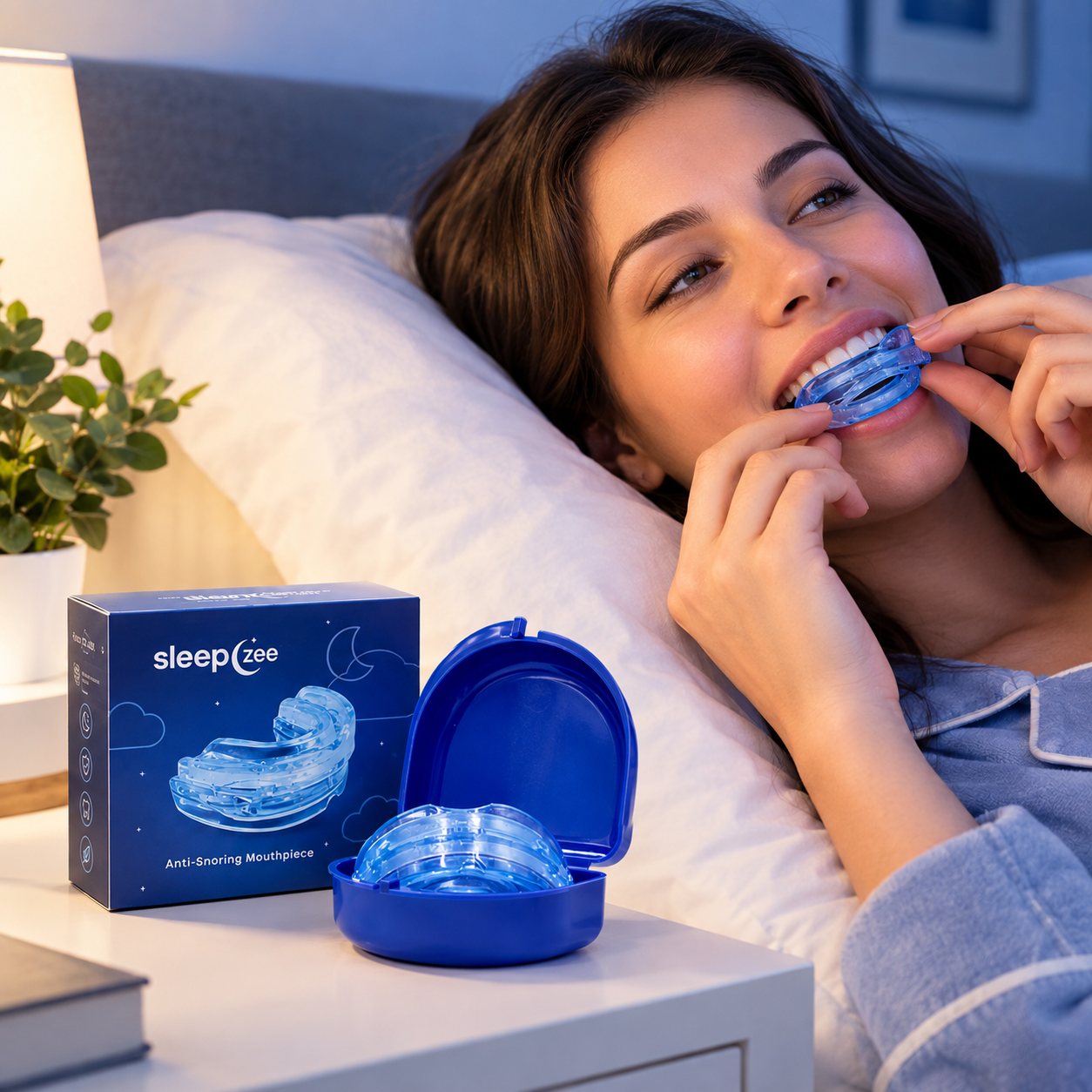 Adult placing a blue SleepZee mouthpiece before bed with its case and box nearby